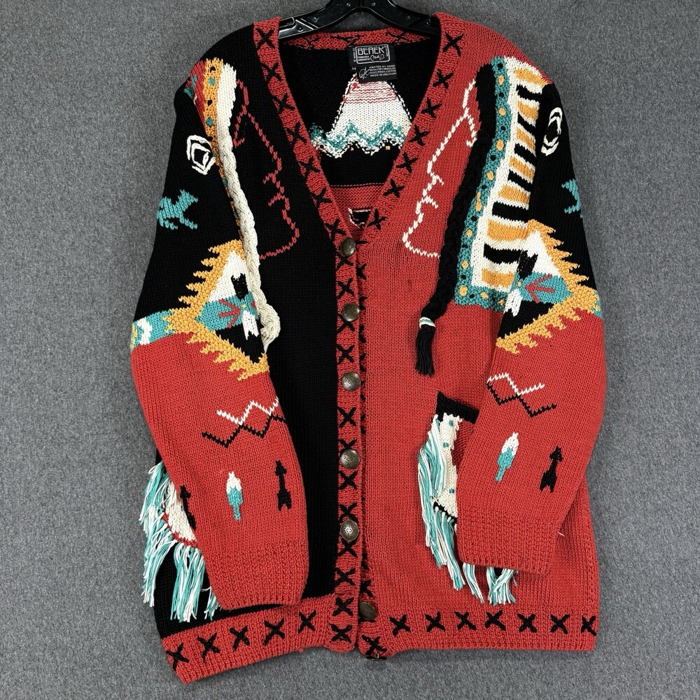 Vintage Hand Knit Cardigan Mens M Southwestern Native Pattern Fringe Uruguay